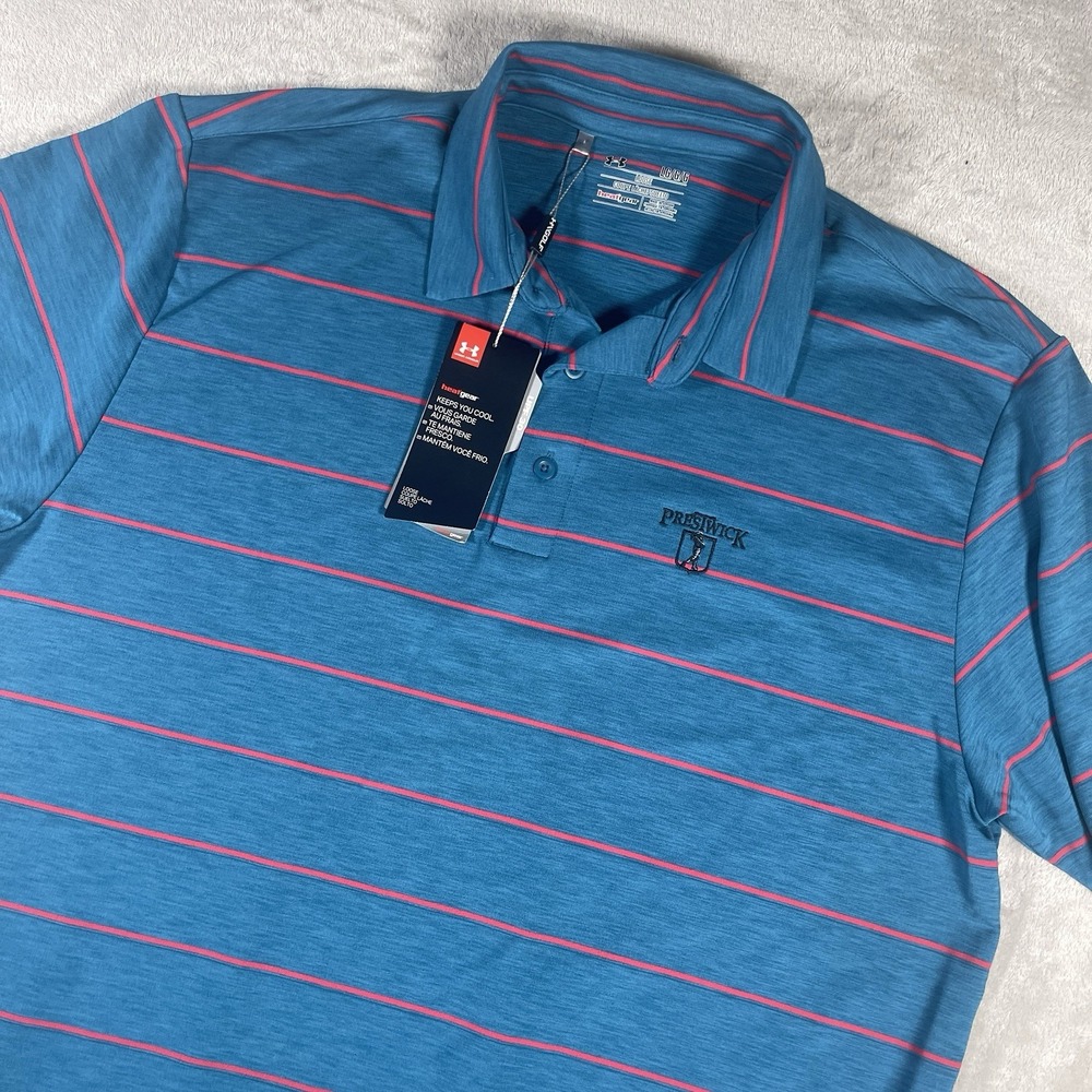 Under Armour HeatGear Loose Fit Polo Men's Lg Turquoise Striped UPF 30 Prestwick
